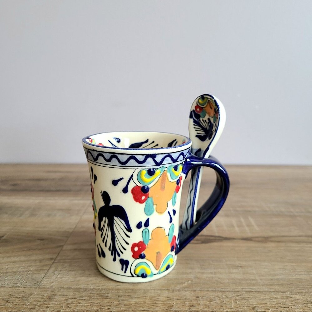 Mexican hand painted mug with spoon.